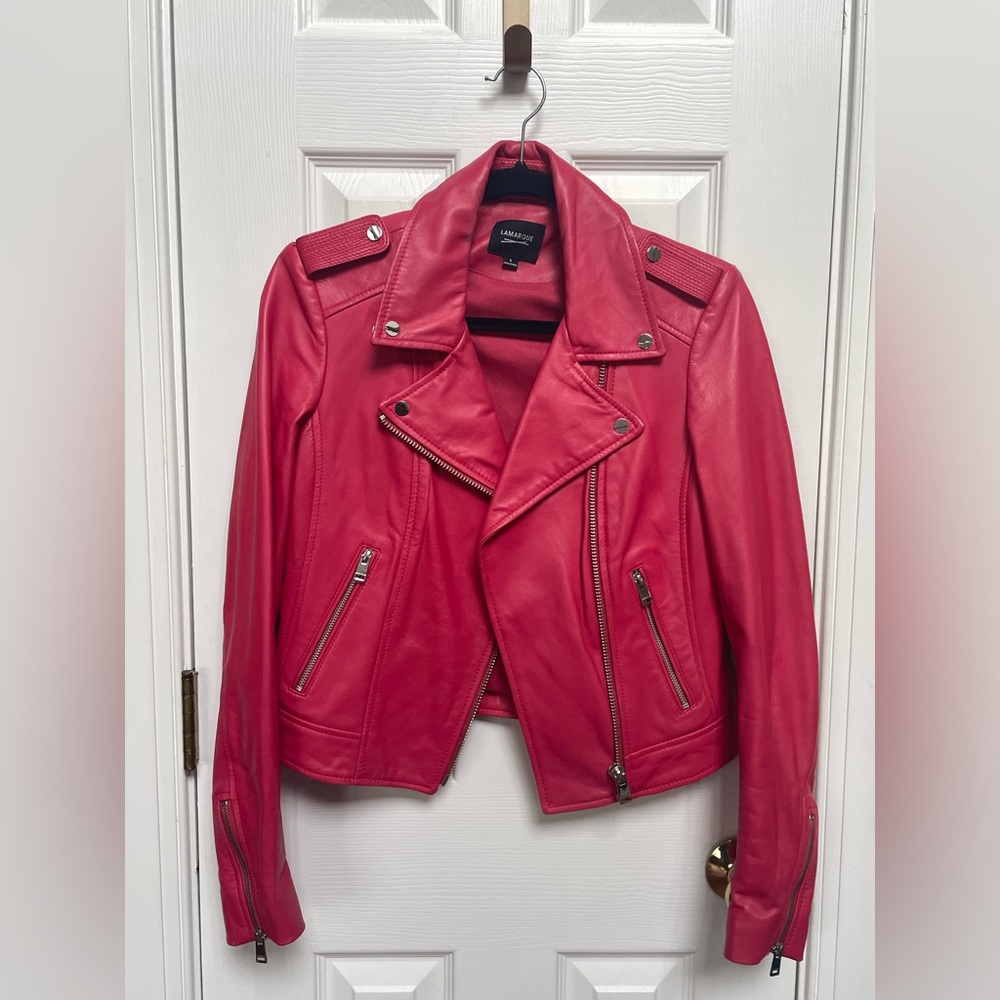 LaMarque Donna Hot Pink Iconic Leather Biker Jacket Women’s Size Small